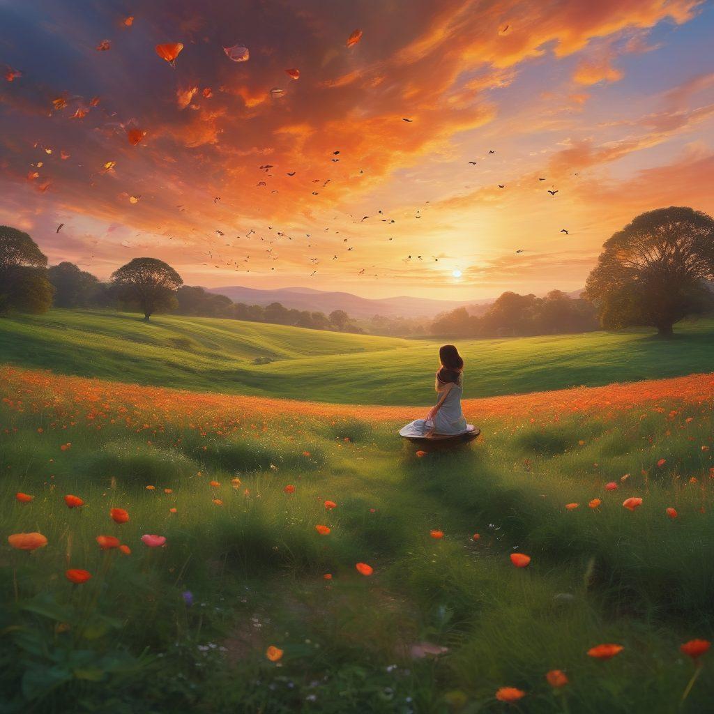 A serene landscape featuring a person floating in the air surrounded by colorful symbols representing passion, such as musical notes and paintbrushes, while gentle shields and umbrellas float around them, symbolizing protection. The sky is a blend of warm sunset hues and soft pastels, creating a dreamlike ambiance. The ground below is a lush green meadow, enhancing the sense of tranquility. super-realistic. vibrant colors. ethereal background.