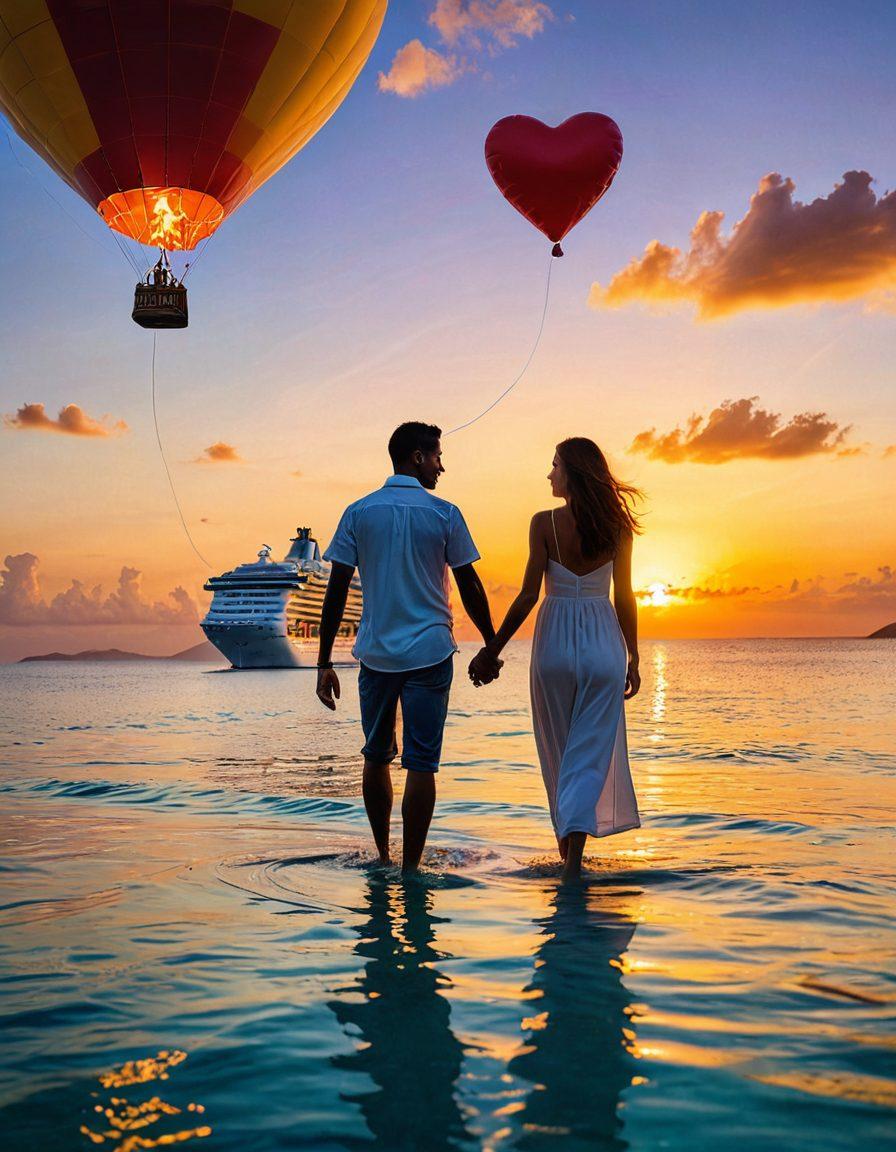 A couple joyfully navigating a vibrant cruise ship on crystal-clear waters, with tropical islands in the background and a warm sunset illuminating the scene. The couple is holding hands, enjoying the adventure, with a sense of love and freedom. A floating heart balloon drifts nearby to symbolize romance and safety in cruising. Handsome insurance icons subtly integrated in the sky representing coverage and peace of mind. super-realistic. vibrant colors. sunset backdrop.