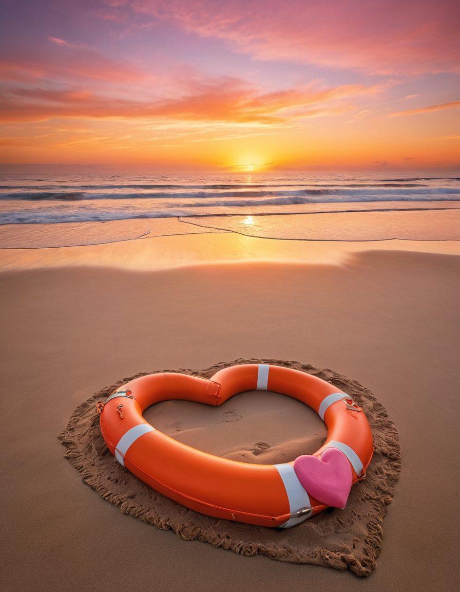 A serene sunset scene depicting a couple holding hands on a beach, with a heart-shaped lifebuoy symbolizing romantic insurance in the foreground. Soft waves gently lap at the shore, and subtle icons of risk management like a shield and lock are woven in the sand. The sky is painted in warm oranges and pinks, evoking love and safety. super-realistic. vibrant colors. calming atmosphere.